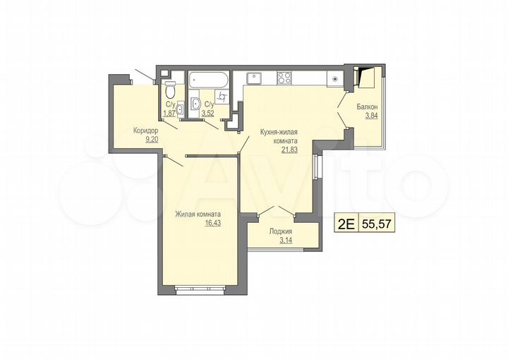 2-к. квартира, 55,6 м², 2/4 эт.