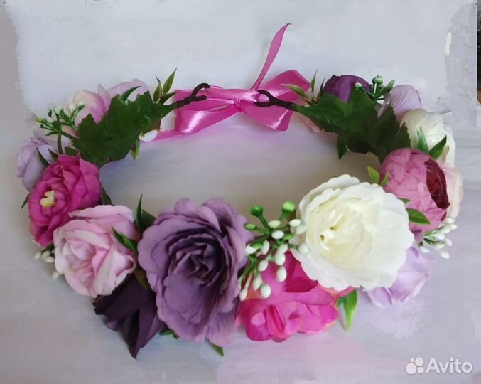 Ободок с розами фуксия, венок на голову яркий