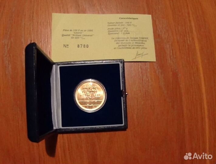 Золото 100 франков 1986 Франция очень редкая proof