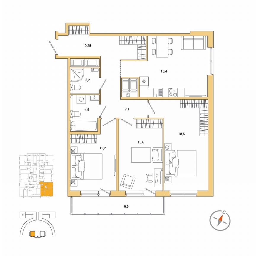 3-к. квартира, 88,8 м², 17/25 эт.