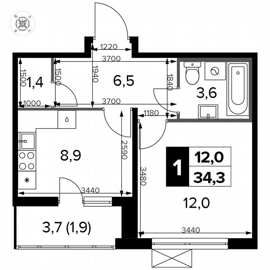 1-к. квартира, 34,3 м², 5/15 эт.