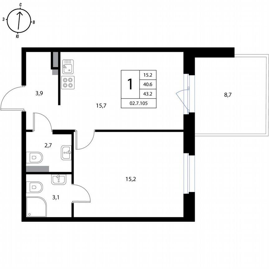 1-к. квартира, 43,2 м², 1/3 эт.