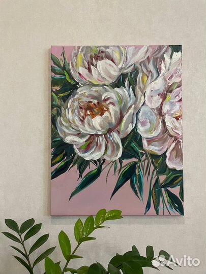 Картина маслом на холсте цветы пионы большая