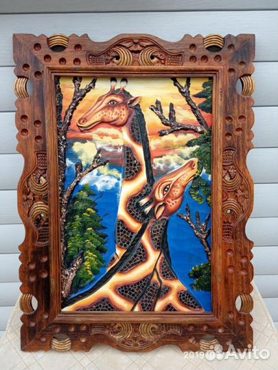 Картина. Новая. Индонезия. Объёмная резьба. 78*58