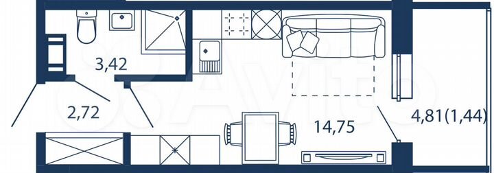 Апартаменты-студия, 22,3 м², 2/5 эт.
