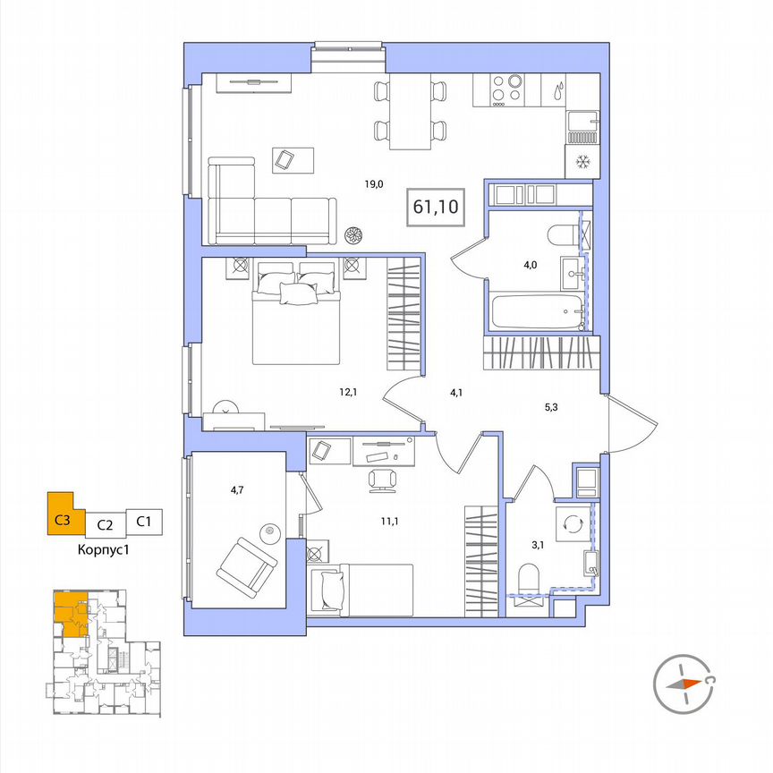 2-к. квартира, 61,1 м², 12/12 эт.