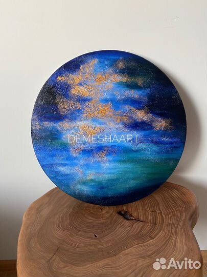 Круглая картина абстракция синяя с золотом