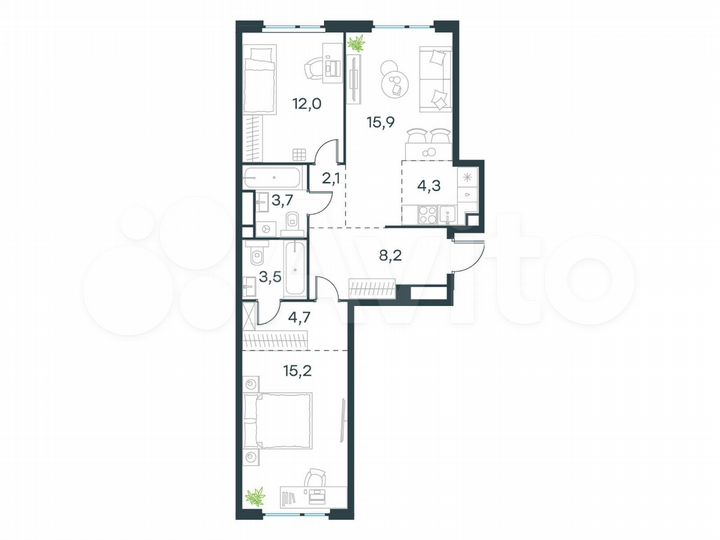 3-к. квартира, 69,6 м², 12/24 эт.