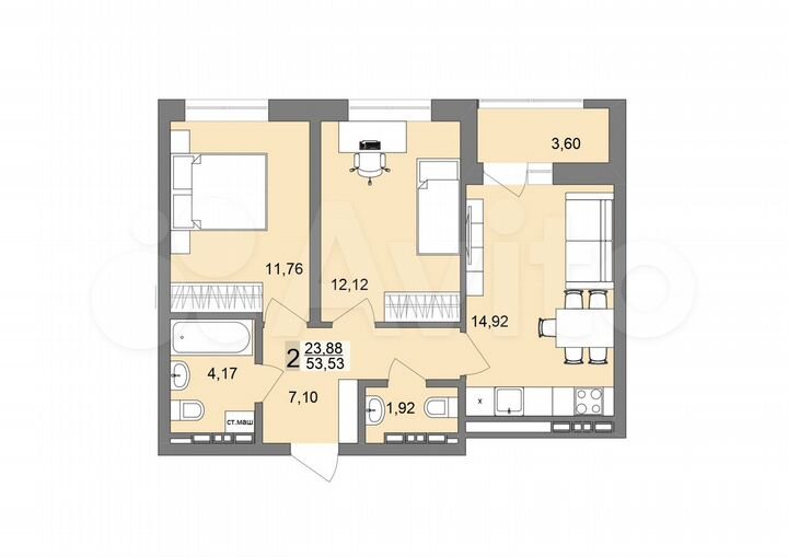 2-к. квартира, 53,5 м², 17/19 эт.
