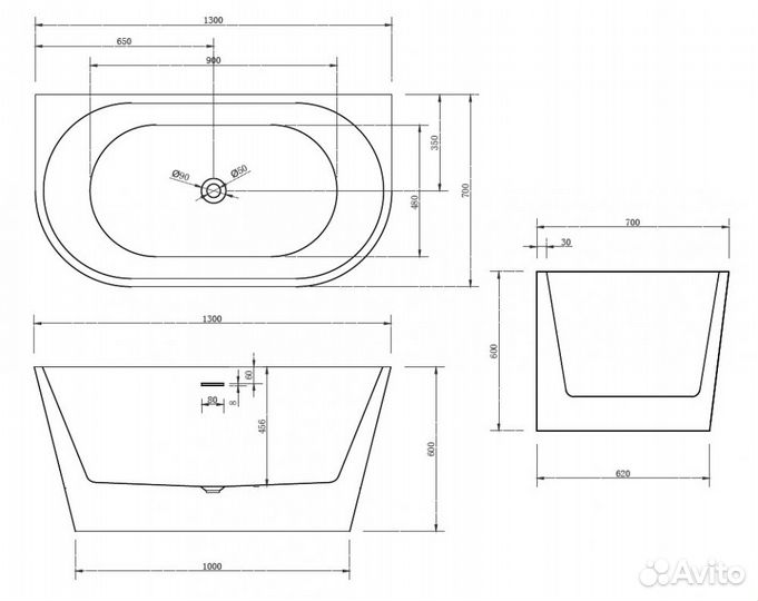 Ванна акриловая премиум 130*70