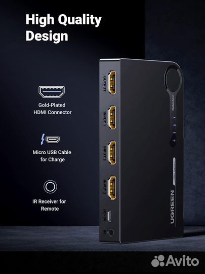 Переключатель hdmi Switcher 3 в 1, черный Ugreen