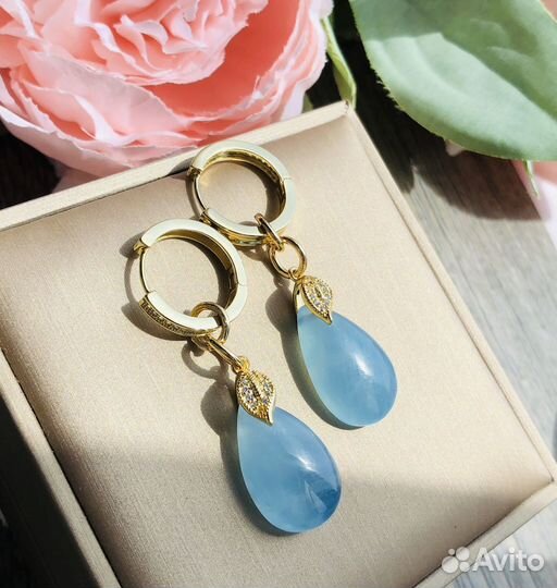 Серьги с натуральным аквамарином