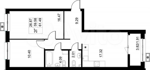 2-к. квартира, 61,5 м², 14/15 эт.