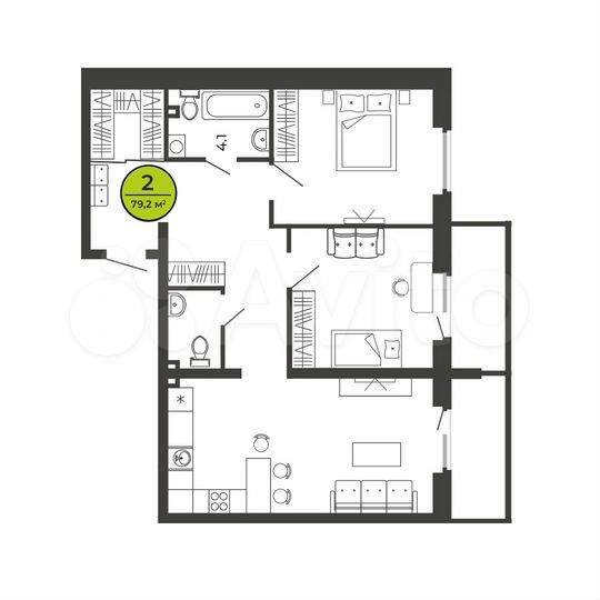 2-к. квартира, 79,2 м², 1/9 эт.