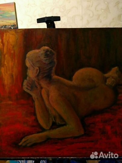 Картина маслом на оргалите,У камина