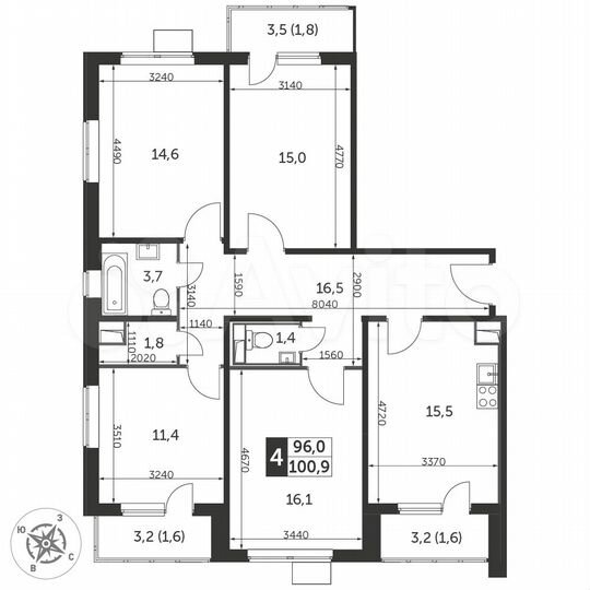 4-к. квартира, 101,2 м², 21/25 эт.