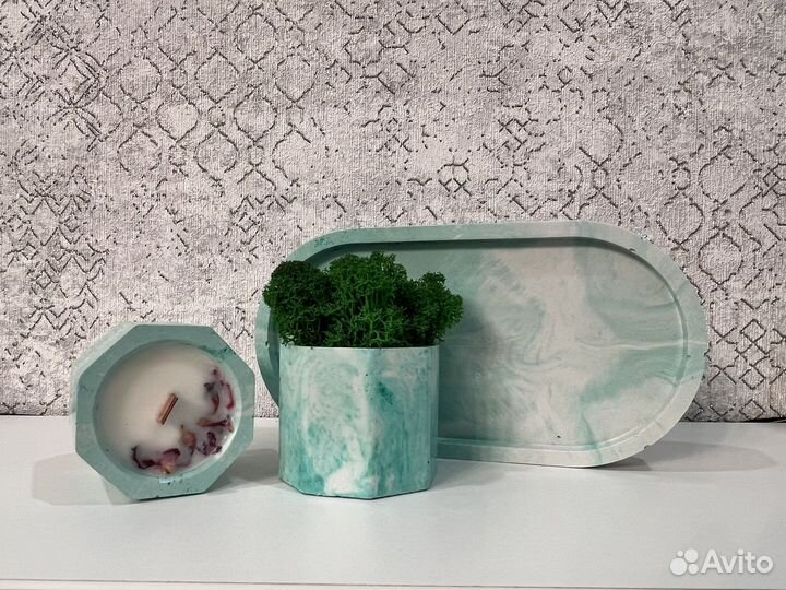 Набор кашпо с зеленым мхом+ свеча+поднос