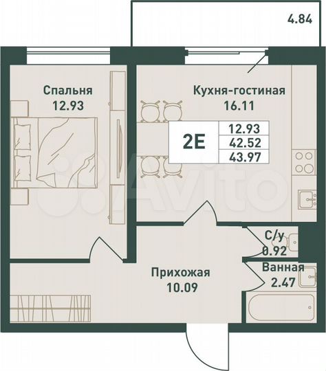 2-к. квартира, 44 м², 12/16 эт.