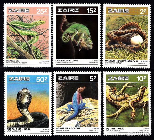 Заир. 1986. Фауна. Змеи, ящерицы