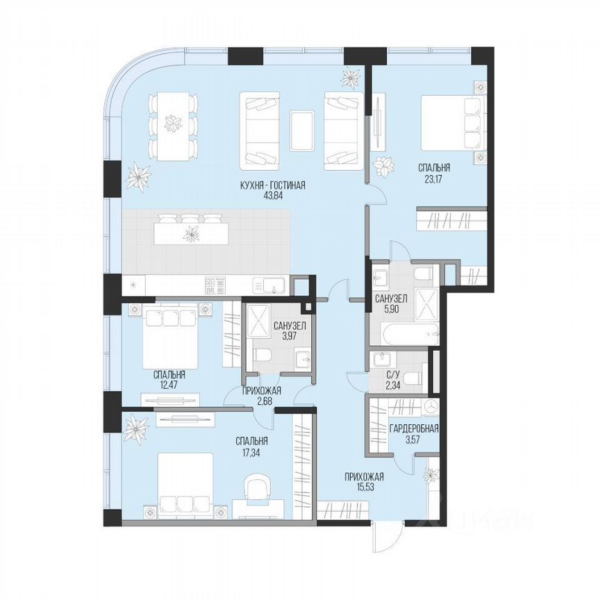 3-к. квартира, 141,3 м², 7/16 эт.