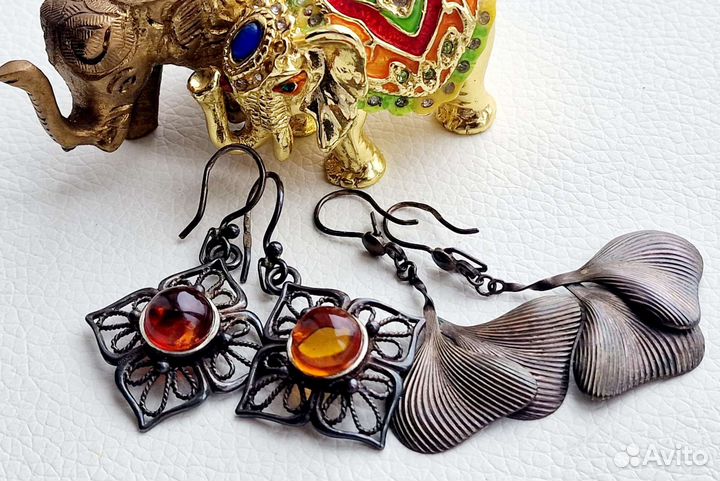 Серебряные серьги 916, 925 янтарь