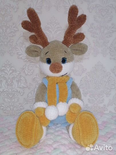 Вязаные игрушки ручной работы, оленёнок Оскар