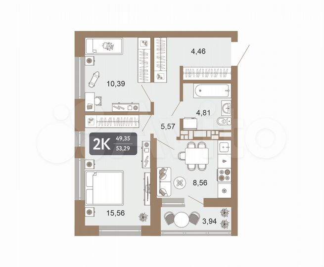 2-к. квартира, 53,3 м², 14/22 эт.
