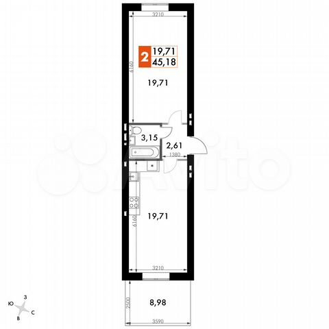 1-к. квартира, 45,2 м², 1/4 эт.
