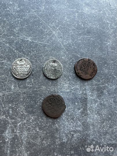 Монеты гривенник, денга 1744 г, 1747 г, 1759, 1760