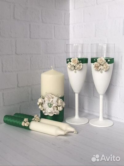 Набор свадебные свечи и бокалы «Изумруд»