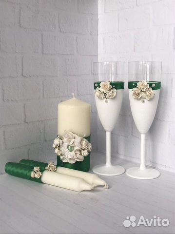 Набор свадебные свечи и бокалы «Изумруд»
