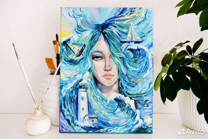 Картина маслом на холсте девушка море