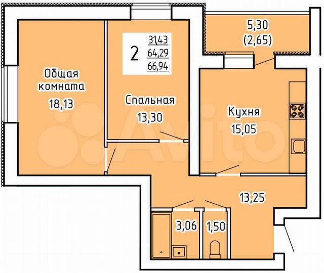 2-к. квартира, 66,9 м², 6/9 эт.