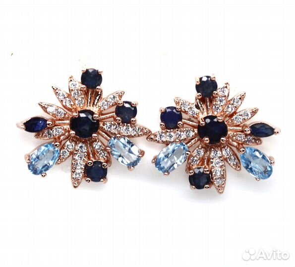 Серьги серебро сапфир, топаз С326