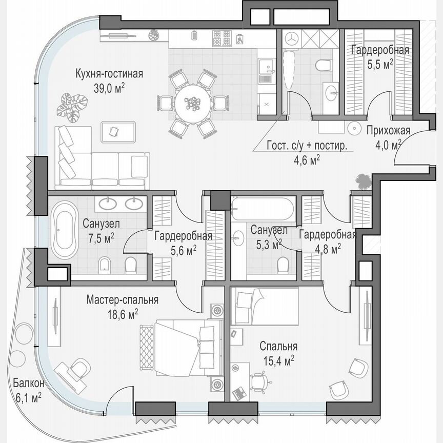 2-к. квартира, 116,5 м², 6/14 эт.