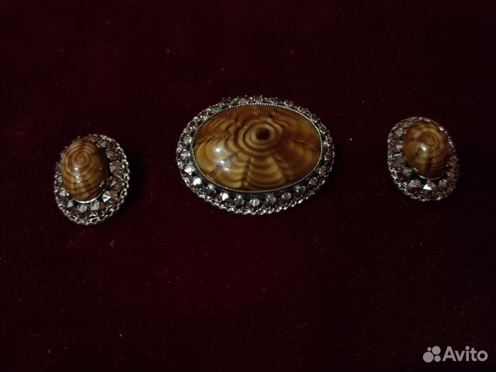 Винтажные брошь и серёжки-клипсы тигровый глаз