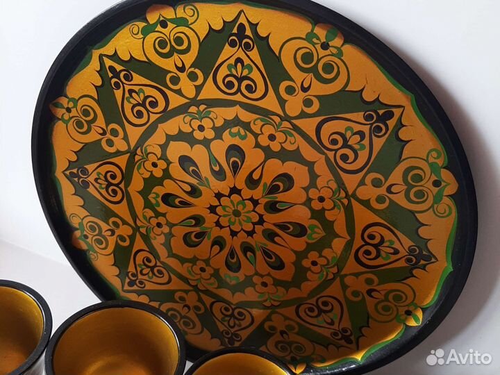 Сервиз в восточном стиле поднос и бокалы, дерево