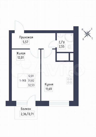 1-к. квартира, 32,5 м², 5/9 эт.