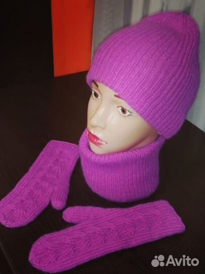 Набор (шапка, манишка, варежки) пух норки