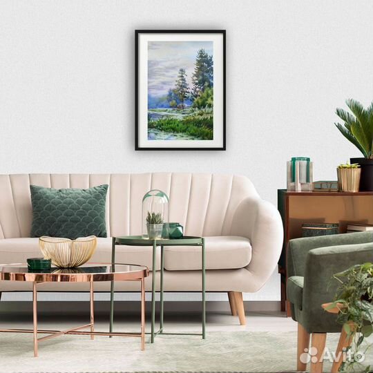 Картина акварель пейзаж лес река озеро лето