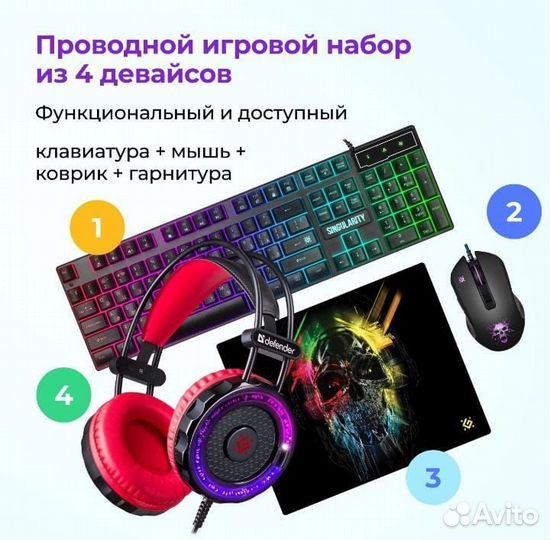 Игровая клавиатура + мышка + коврик + наушники 4в1