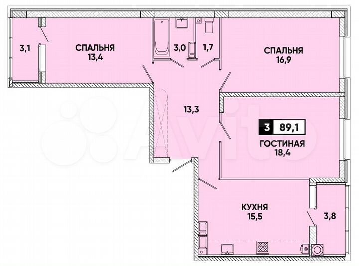3-к. квартира, 89 м², 11/16 эт.