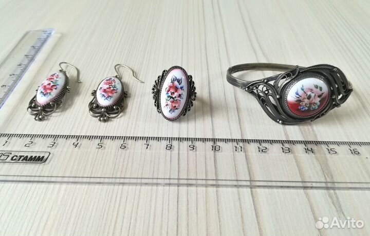 Гарнитур браслет серьги кольцо финифть СССР винтаж