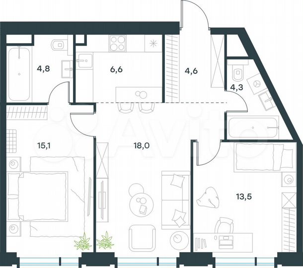 3-к. квартира, 66,9 м², 8/19 эт.