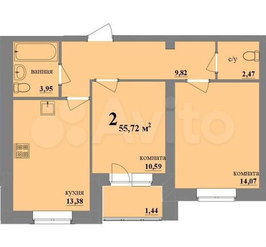 2-к. квартира, 55,7 м², 4/4 эт.