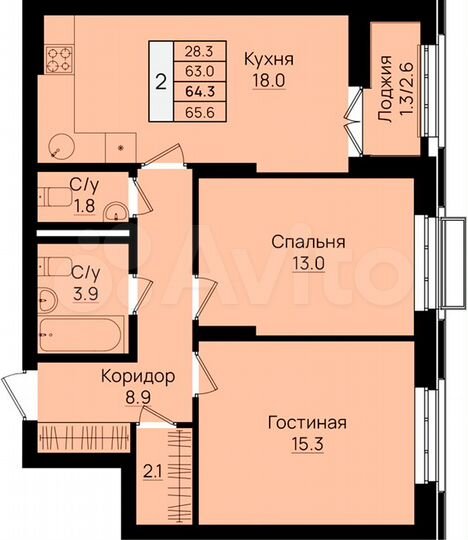 2-к. квартира, 64,3 м², 6/8 эт.