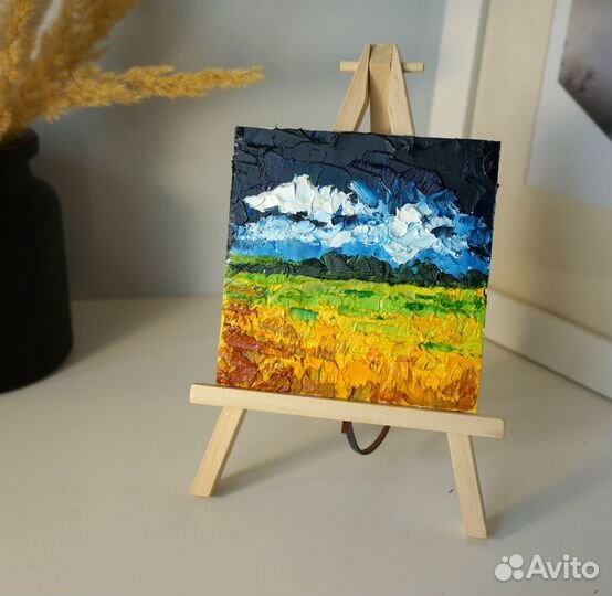 Картина маслом Рапсовое поле 10х10см. В наличии