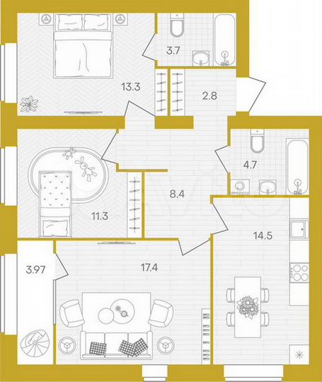 3-к. квартира, 80,1 м², 6/10 эт.