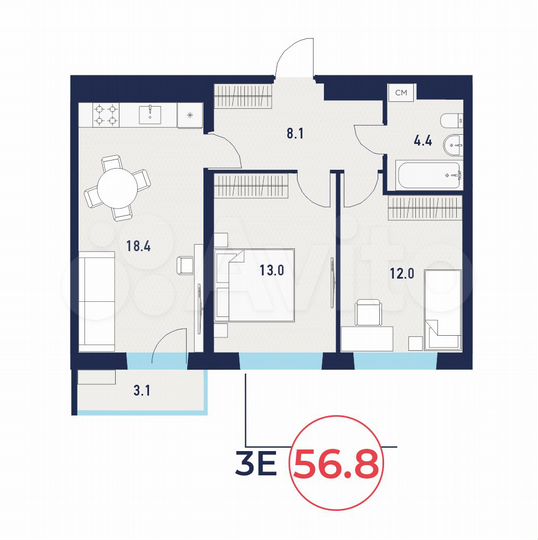 3-к. квартира, 56,8 м², 1/16 эт.