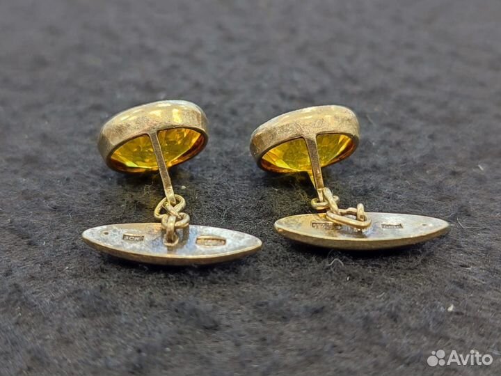 Запонки серебряные жёлтый камень проба 875 звезда